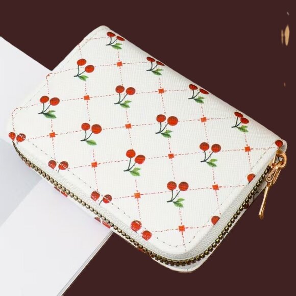 Cherry Print Zipper Card Holder Wallet Accordion Organizer Multi Slot Cute Mini - Picture 3 of 5